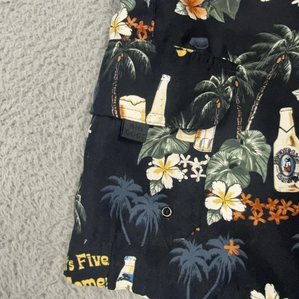 Big Dogs Swim Trunks Mens 2XL Black Hawaiian Beer Print Elastic Waist Mesh Lined